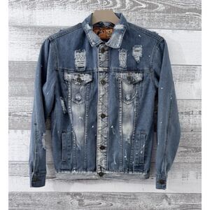 Rolling Paper Denim Jacket Distressed Paint Splatter Blue Jean Coat Womens Small